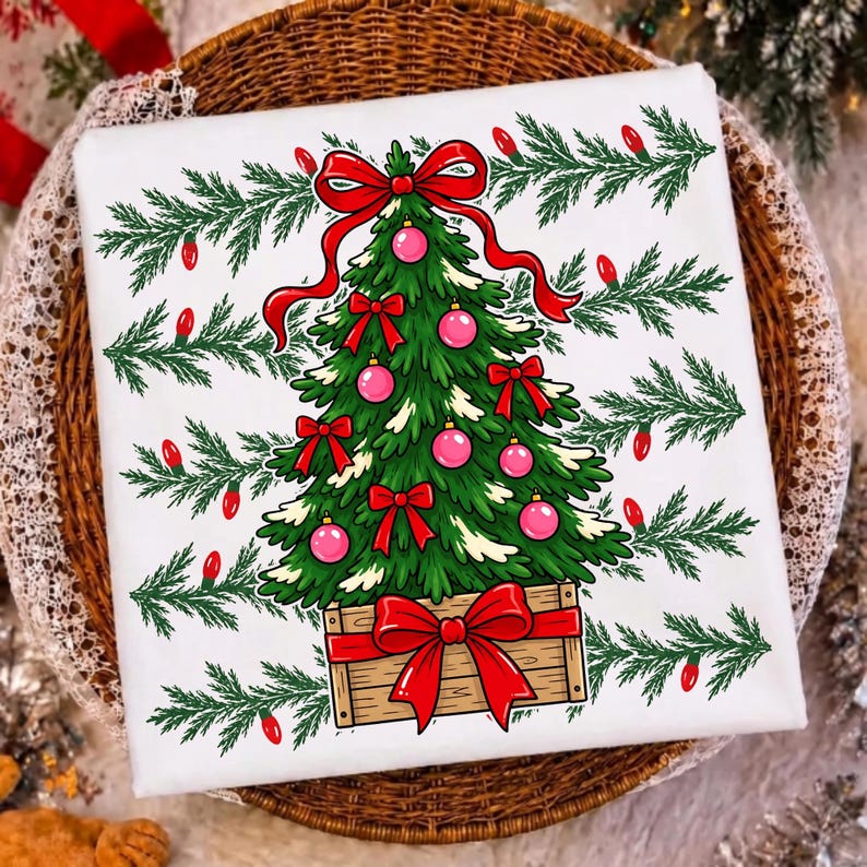 Image of Christmas Tree Bow PNG, Preppy Polka Dot Holiday Sublimation, Trendy Xmas Shirt Design, Digital Download