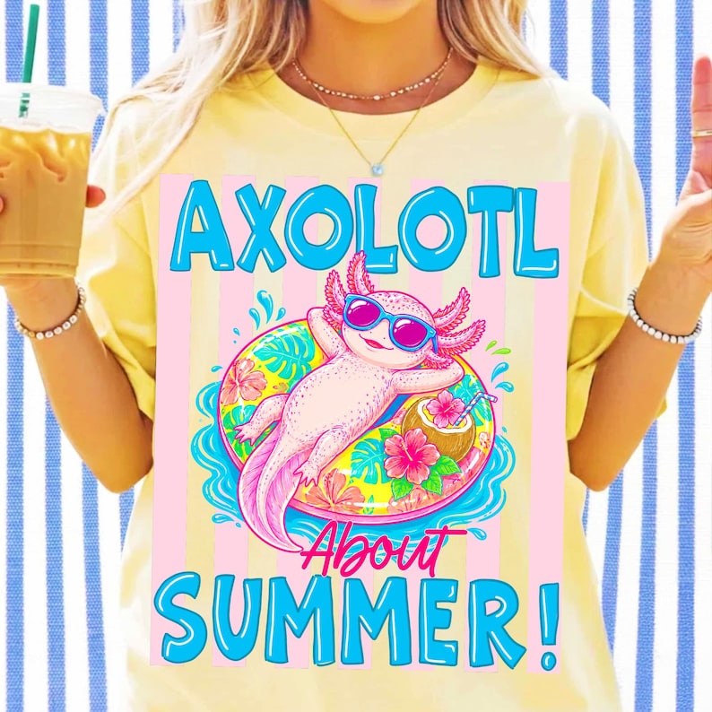 Image of Axolotl Summer PNG Sublimation Design Kawaii Pink Salamander Beach Shirt Graphic Tropical Animal Pun DTF Transfer Digital Download