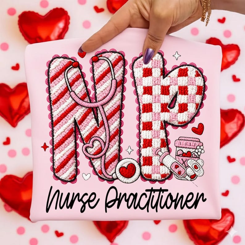 May include: Pink Nurse Practitioner t-shirt with the letters "NP" in red and white patterns, a stethoscope, and a coffee cup and syringe graphic. The words "Nurse Practitioner" are written in black script.