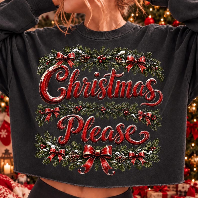 Image of Christmas Please PNG, Vintage Christmas Bow Sublimation, Evergreen Holiday Shirt Design, Retro Xmas Digital Download