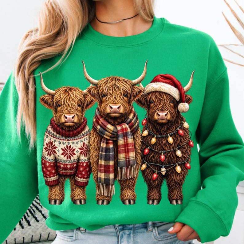 May include: A bright green sweatshirt featuring a graphic of three brown Highland cows. The left cow wears a red and white snowflake sweater, the middle cow wears a plaid scarf, and the right cow wears a Santa hat and string of Christmas lights.