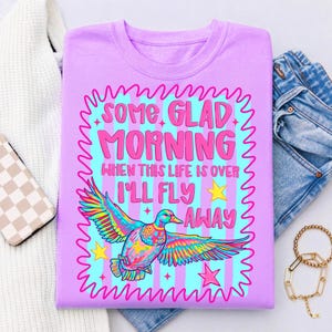 Pu&ograve; includere: Una t-shirt girocollo color viola chiaro con la grafica di un'anatra in volo dal piumaggio colorato. Il testo recita: SOME GLAD MORNING WHEN THIS LIFE IS OVER I'LL FLY AWAY. Il design include uno sfondo a righe azzurre e un bordo rosa.