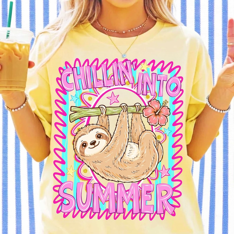 Image of Chillin Into Summer Sloth PNG, Cute Preppy Striped Sloth Sublimation Design, Last Day Of School DTF Shirt Graphic, Retro Summer Vibe