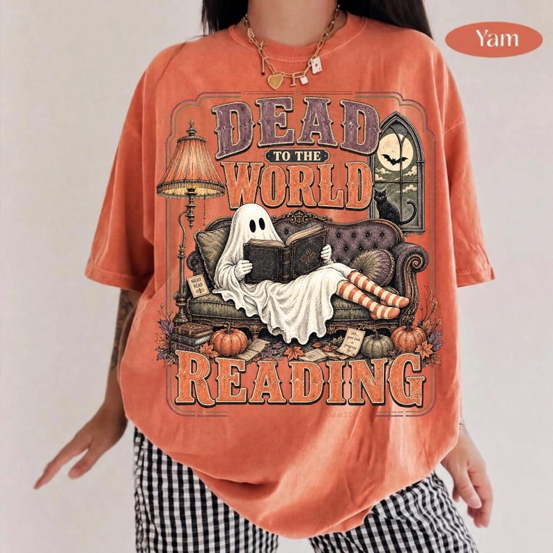 Image of Dead to the World Reading PNG, Bookish Halloween Ghost Sublimation, Spooky Reader Shirt Design, Vintage Fall Digital Download