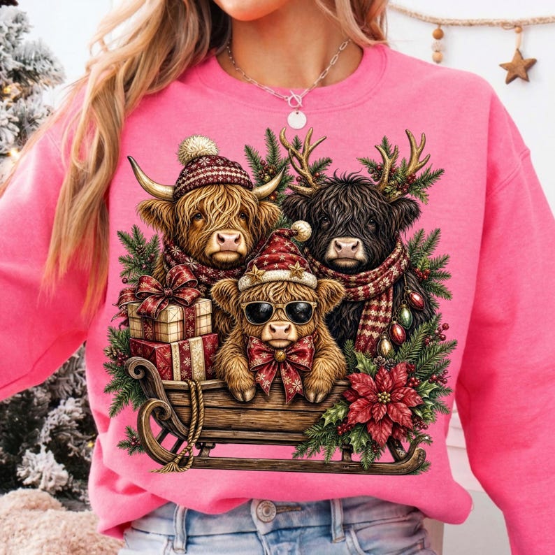 Puede incluir: Una sudadera rosa brillante con un gr&aacute;fico de tres vacas Highland en un trineo de madera. Las vacas llevan gorros de invierno, bufandas y gafas de sol, rodeadas de ramas de pino, flores de pascua rojas, adornos navide&ntilde;os y regalos.