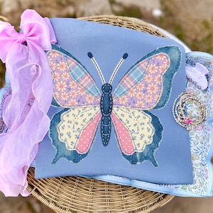 Pacchetto di farfalle PNG primaverili effetto patchwork, patchwork pasquale PNG, design primaverile per sublimazione per ragazze, lettere floreali download digitale