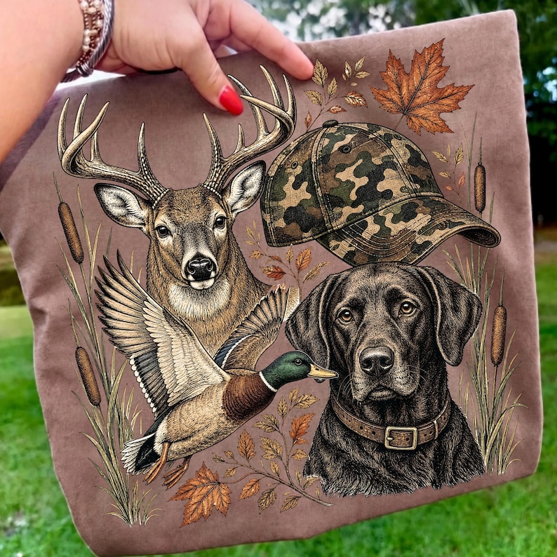 Image of Deer Duck Hunting Dog PNG, Camo Hunter Hat Sublimation, Mallard Labrador Wildlife Design, Rustic Fall Hunting Shirt PNG