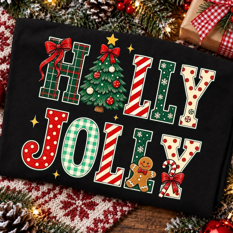Image of Holly Jolly PNG, Christmas Tree Gingerbread Candy Cane Sublimation, Retro Plaid Holiday Shirt Design, Digital Download