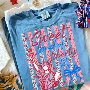 May include: A light blue t-shirt with a graphic of the Statue of Liberty, red and pink stripes, and the text "Sweet Land of Liberty Est. 1776". The shirt is folded with other shirts.