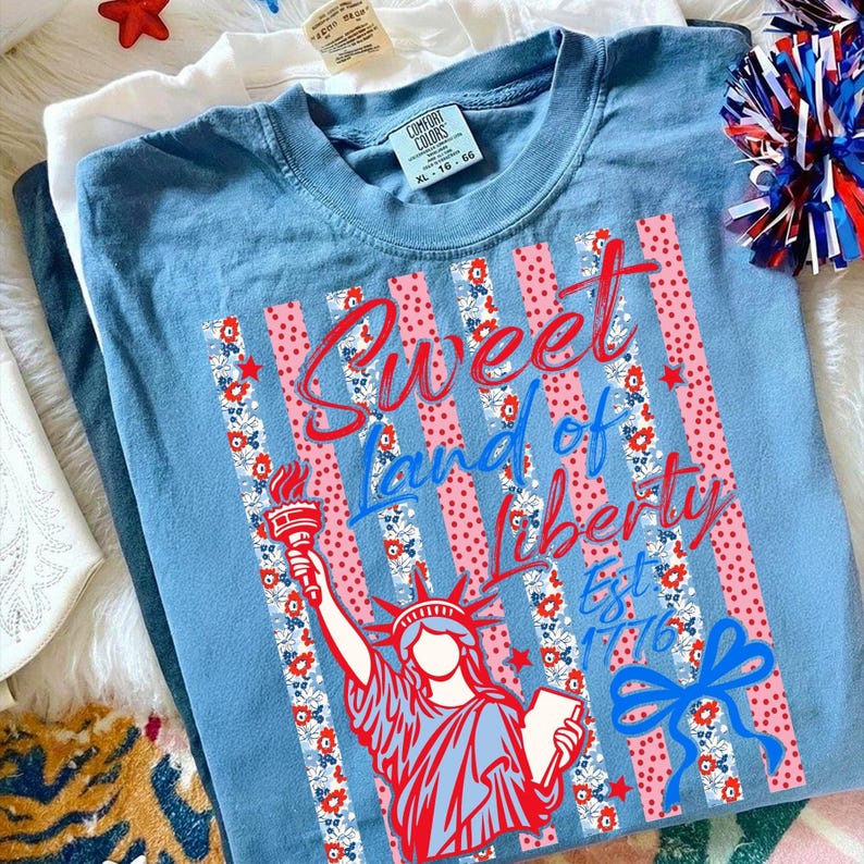 Example of a custom t-shirt design using the Retro 4th of July letters in a distressed American flag style.