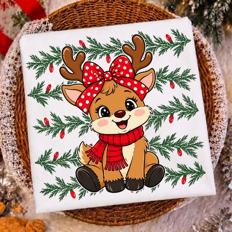 May include: A white t-shirt featuring a cartoon reindeer with brown fur, a red scarf, and a large red bow with white polka dots on its head. The background pattern consists of horizontal green pine branches decorated with small red Christmas lights.