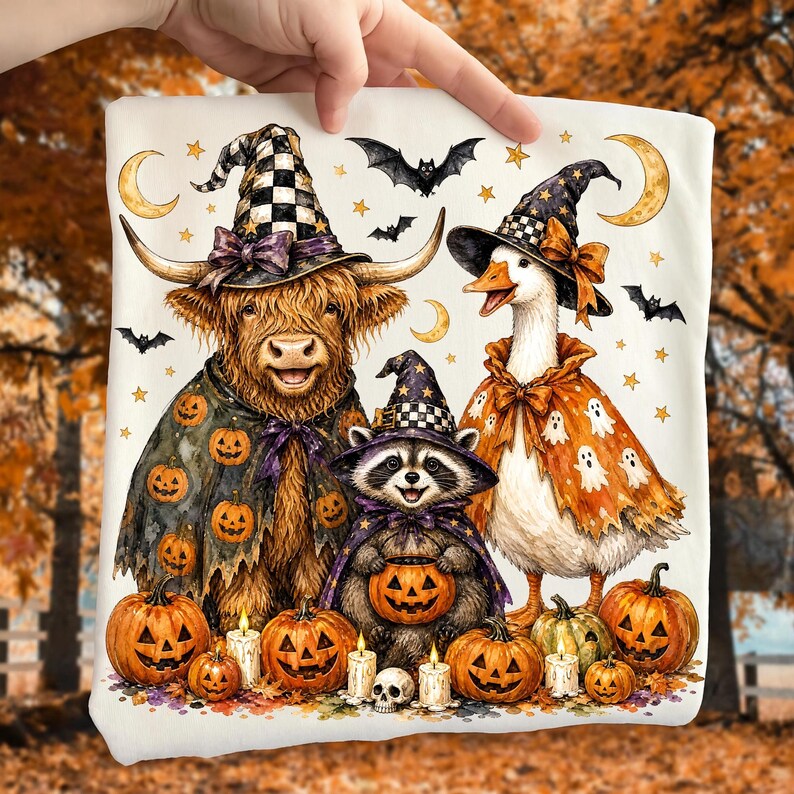 May include: A white t-shirt featuring a graphic illustration of a Highland cow, a raccoon, and a goose wearing witch hats and Halloween capes. The animals are surrounded by pumpkins, bats, crescent moons, stars, and lit candles on the ground.