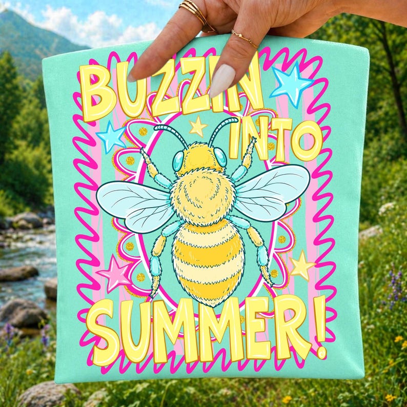 Buzzin Into Summer Retro Preppy Bee Sublimation Design on T-Shirt