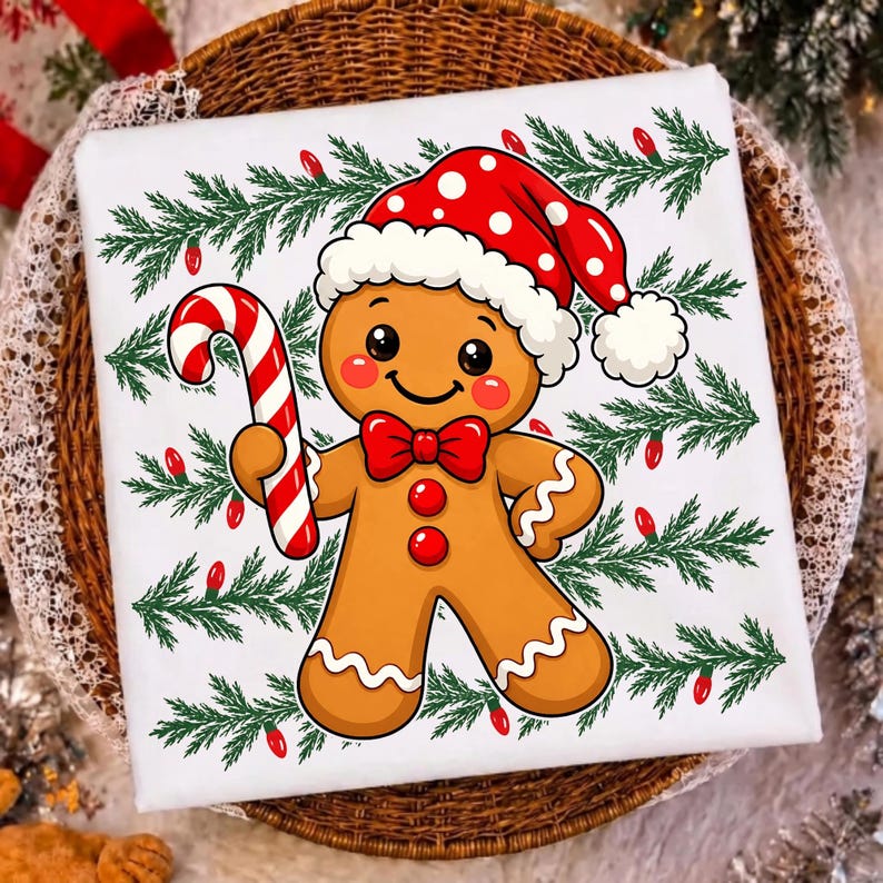 Image of Gingerbread Christmas PNG, Cute Gingerbread Man Candy Cane Sublimation, Retro Holiday Shirt Design, Digital Download