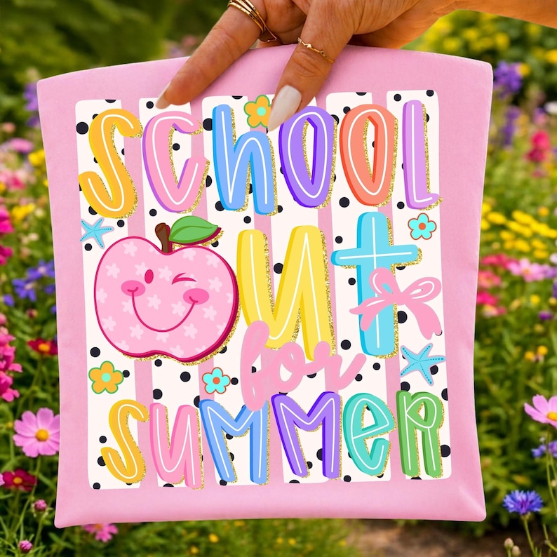 Image of School Out For Summer PNG, Cute Apple Sublimation Design, Last Day of School Shirt Graphic, Teacher Summer Break PNG, Retro T-Shirt Art