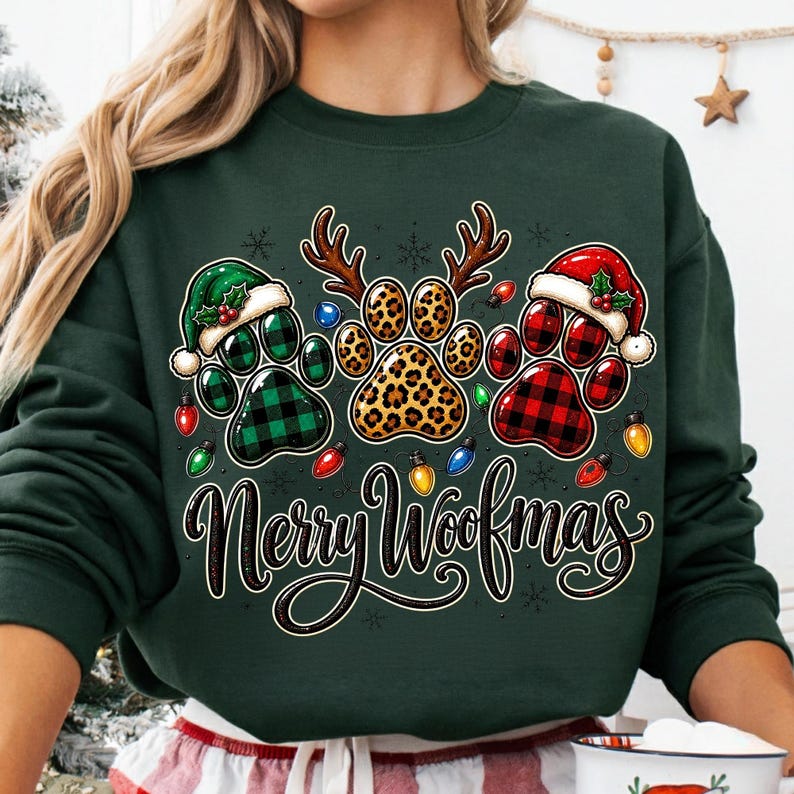 Pu&ograve; includere: Una felpa verde scuro con una grafica di tre impronte di zampe di animali. La zampa sinistra ha un motivo a quadri verdi e un cappello da Babbo Natale, la zampa centrale ha una stampa leopardata e corna di renna, e la zampa destra ha un motivo a quadri rossi e un cappello da Babbo Natale. Il testo Merry Woofmas &egrave; stampato sotto in corsivo, circondato da piccole lampadine colorate e fiocchi di neve.