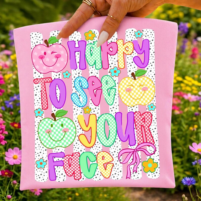 Close-up of the 'Happy to See Your Face' retro text and smiley apple illustration, highlighting vibrant colors and crisp details for DTF printing.