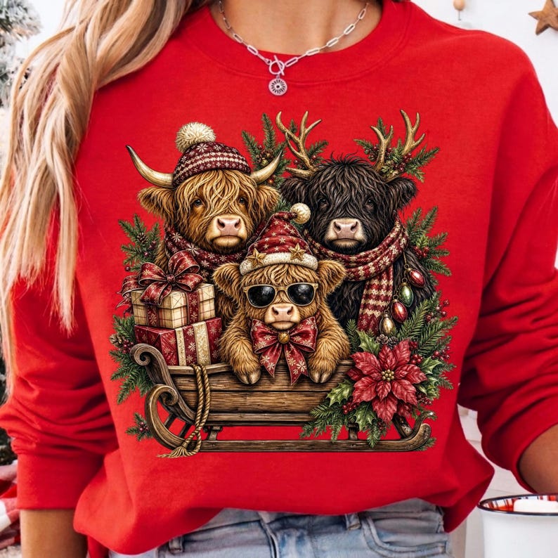 Image of Christmas Highland Cow PNG, Holiday Cow Sleigh Sublimation, Festive Farmhouse Cow PNG, Christmas Digital Download