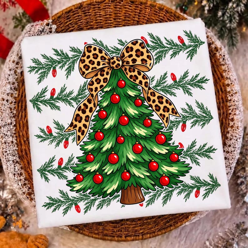Image of Retro Christmas Tree PNG, Leopard Bow Christmas Sublimation, Coquette Holiday Shirt Design, Digital Download
