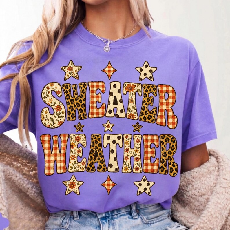 May include: A light purple t-shirt featuring the text "SWEATER WEATHER" in large, blocky letters. The letters are filled with various patterns including orange plaid, leopard print, and floral designs. Small star and diamond shapes surround the text.