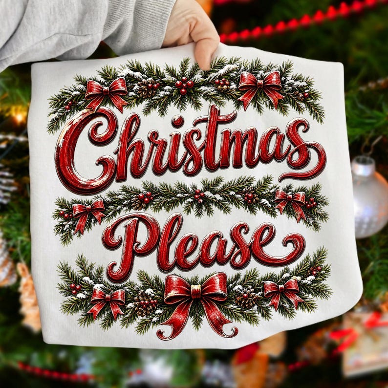 Image of Christmas Please PNG, Vintage Christmas Bow Sublimation, Evergreen Holiday Shirt Design, Retro Xmas Digital Download