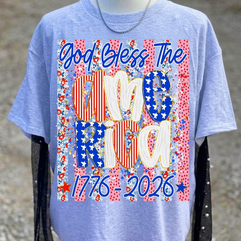 Image of God Bless USA PNG Girly Faith Patriotic Design Dainty Stripes Sublimation File 4th of July Christian American Flag T-Shirt DTF Graphic