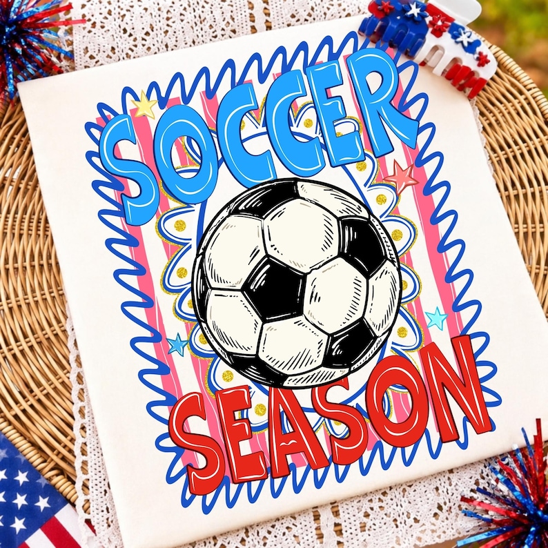 USA Soccer 2026 PNG design on a patriotic t-shirt mockup, showcasing distressed athletic texture.