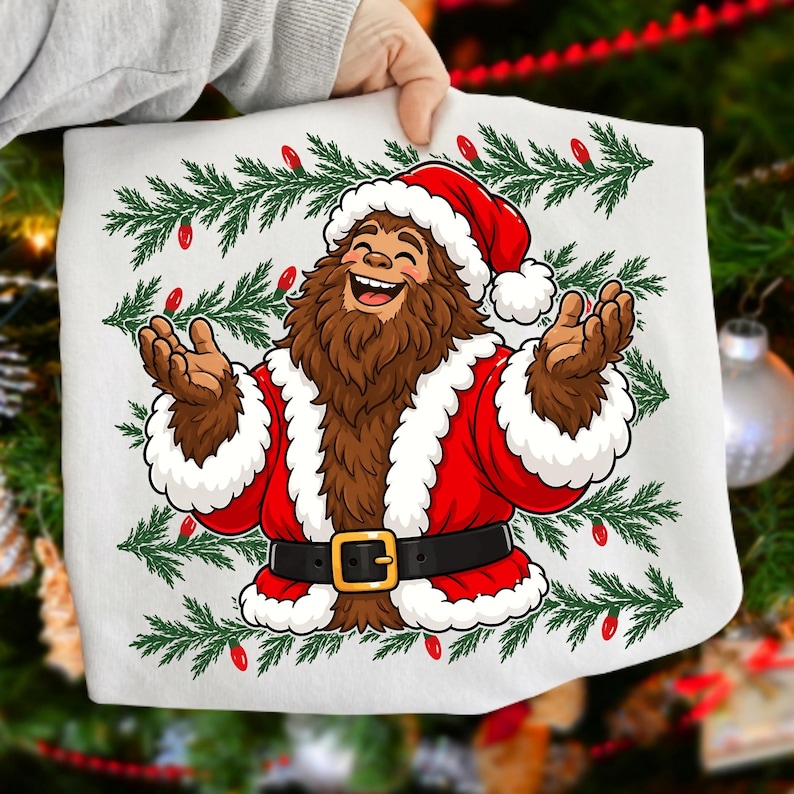 Puede incluir: Una camiseta blanca con el gr&aacute;fico de un personaje Bigfoot marr&oacute;n y peludo que viste un traje de Pap&aacute; Noel rojo con ribetes de piel blanca, un cintur&oacute;n negro con hebilla dorada y un gorro de Navidad, sobre ramas de pino verdes y luces rojas.