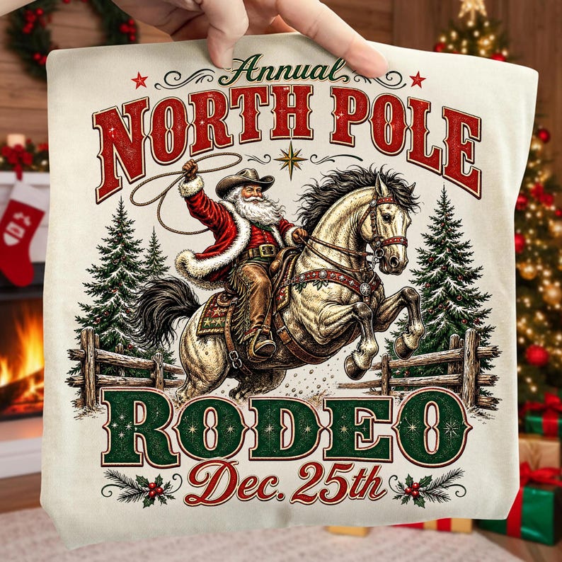 Close-up of the vintage Western Santa design with rodeo elements and transparent background.