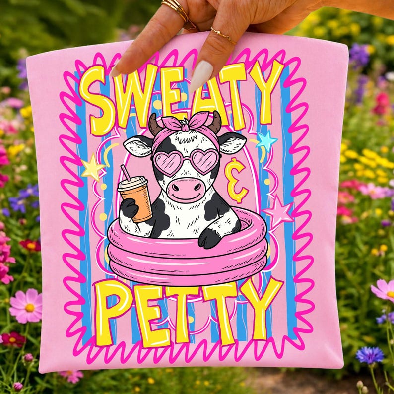 Close-up of Sweaty Petty PNG, Cute Summer Cow Pool Float Sublimation Design with vibrant colors