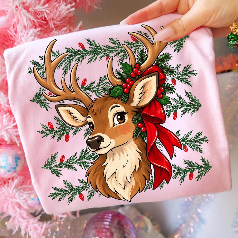 Vintage Christmas deer sublimation print on holiday apparel