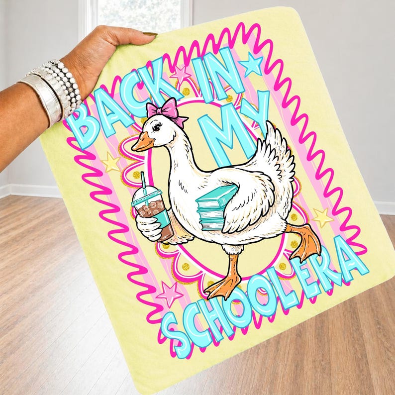 A vibrant 'Back In My School Era' PNG design featuring a stylish goose character, colorful letters, and preppy school elements, perfect for sublimation.