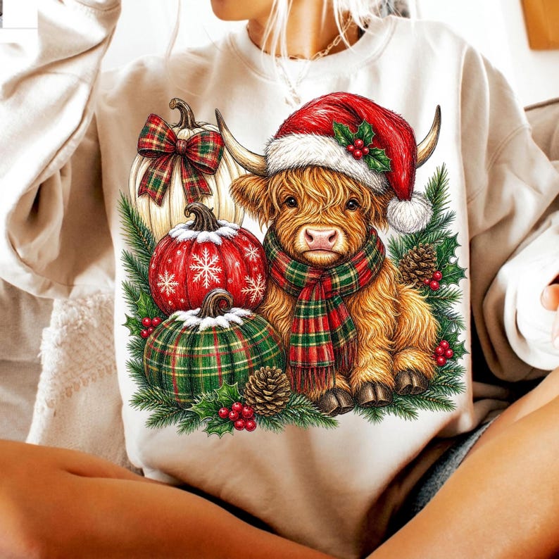 May include: A beige crewneck sweatshirt featuring a graphic of a fluffy highland cow wearing a red Santa hat and a red and green plaid scarf. The cow is surrounded by three pumpkins, pine branches, pinecones, and red holly berries.