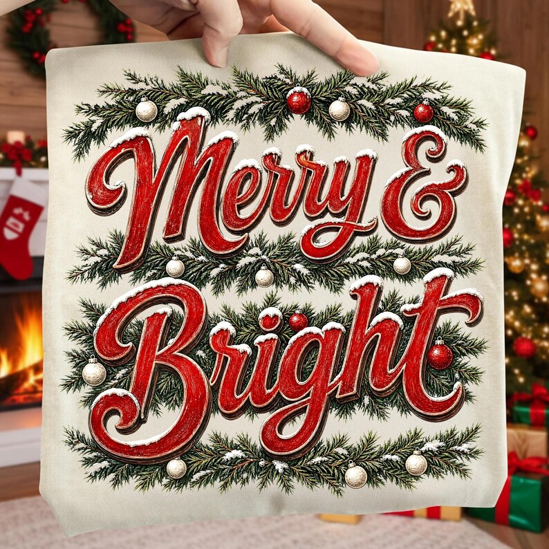 Może przedstawiać: Kremowy kwadrat z tkaniny z czerwonym napisem Merry & Bright wykonanym kursywą. Tekst otoczony jest zielonymi gałązkami sosny, ośnieżonymi igłami oraz małymi czerwonymi i białymi bombkami świątecznymi ułożonymi w ozdobną ramkę.