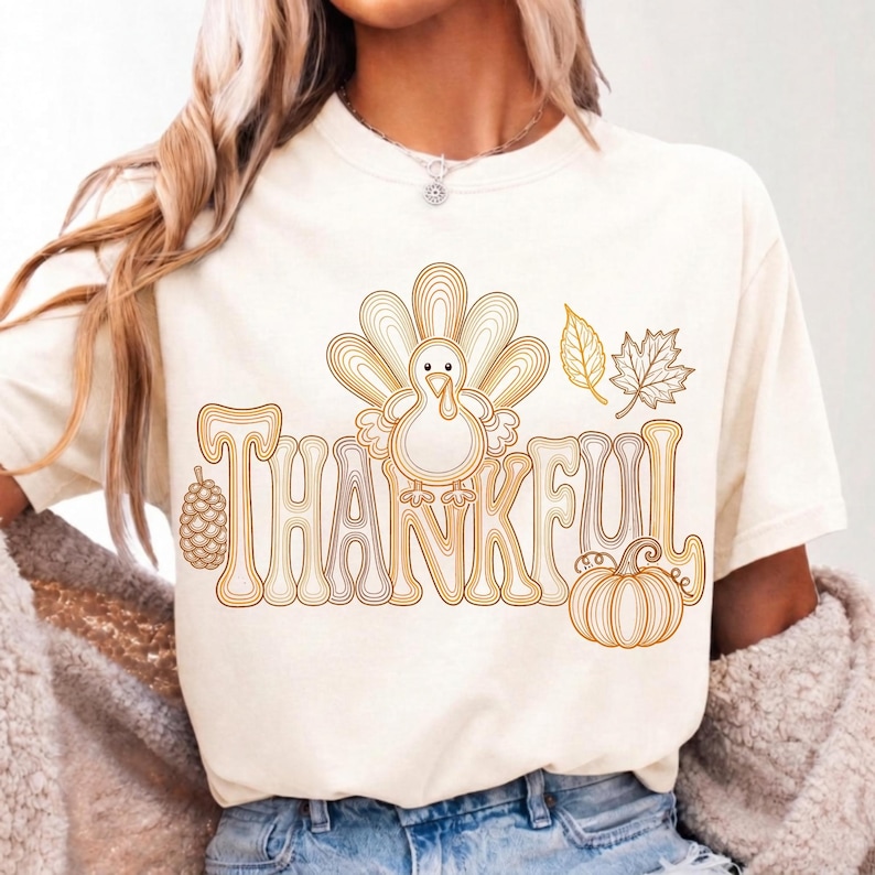 Image of Thankful PNG, Retro Turkey Thanksgiving Sublation, Preppy Coquette Fall Pumpkin Shirt Design