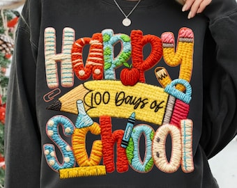 Latch Hook Faux Yarn 100 Days School PNG, Teacher Student Smarter Graphic, Crochet Style Sublimation File, Pencil Design for Apparel