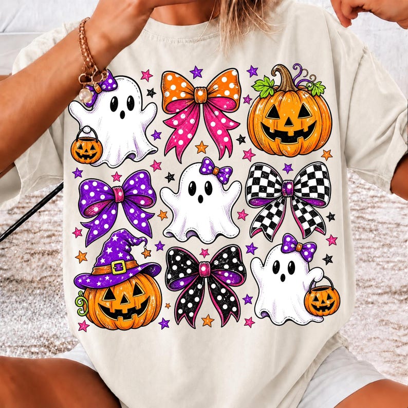 Trendy Halloween ghost with pink bow design