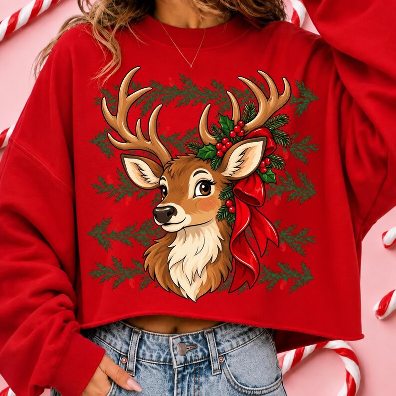 May include: A bright red cropped sweatshirt featuring a central graphic of a brown deer head adorned with a large red bow, green pine needles, and red berries, set against a repeating pattern of horizontal green pine branch silhouettes.