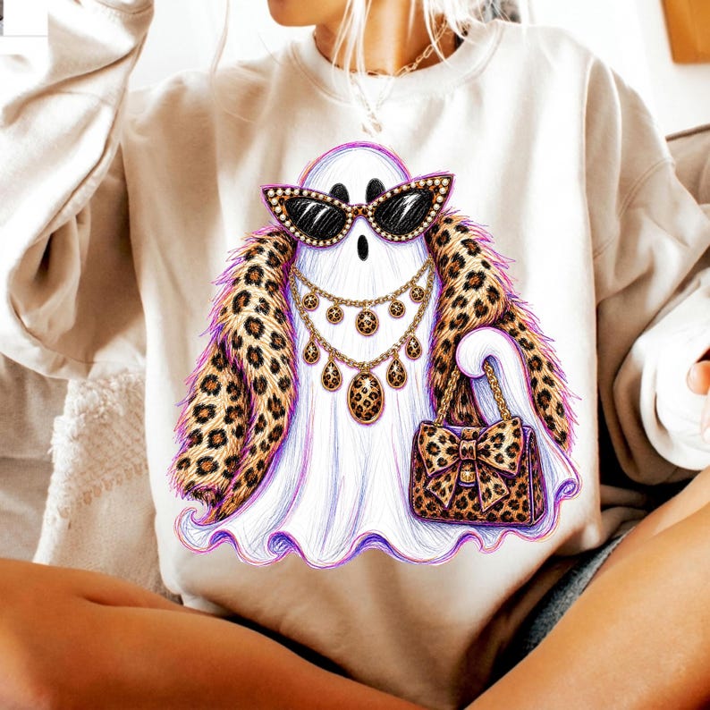 Image of Boujee Halloween Ghost PNG, Leopard Print Glam Ghost, Spooky Luxury Rhinestone DTF Digital Download
