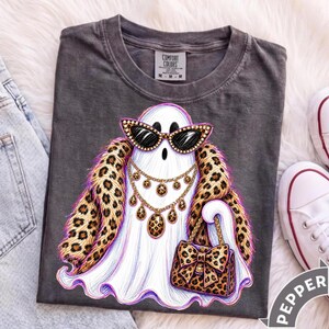 Boujee Halloween Ghost PNG, Leopard Print Glam Ghost, Spooky Luxury Rhinestone DTF Digital Download image 2