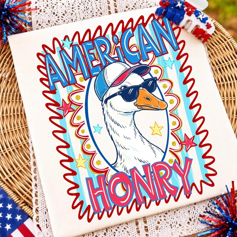 Patriotic Goose PNG with Coquette Bow and USA Flag elements for 4th of July Sublimation