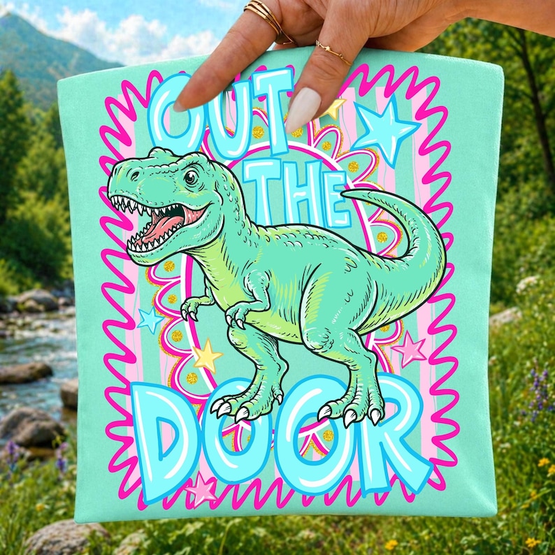Image of Out The Door Dinosaur PNG Last Day of School Sublimation Design Preppy End of School Year Shirt Graphic Fourth Grade Digital Download