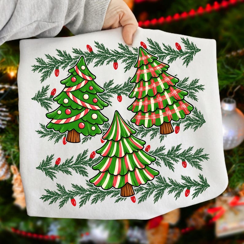 Image of Preppy Christmas Tree PNG, Gingham & Striped Retro Christmas Sublimation, Coquette Holiday Shirt Design, Digital Download