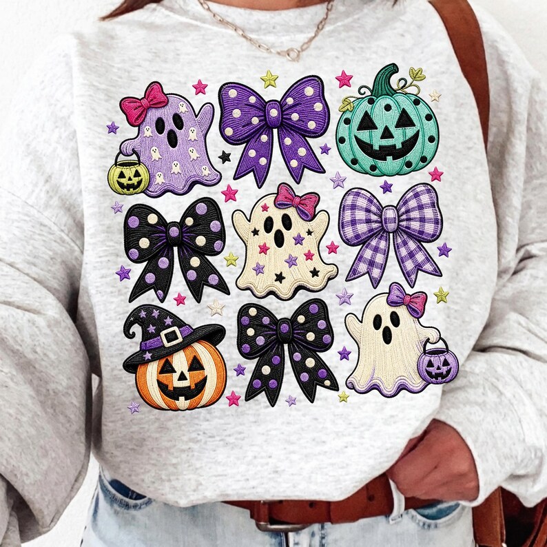 Image of Preppy Halloween PNG, Coquette Ghost Bow Sublimation, Cute Pumpkin Ghost Collage, Girly Spooky Season Digital Download