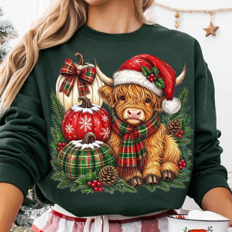May include: A dark green sweatshirt featuring a graphic of a fluffy Highland cow wearing a red and white Santa hat and a red and green plaid scarf. The cow is surrounded by three pumpkins, pine branches, red berries, and pinecones.