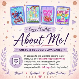 May include: A digital graphic titled About Me by CozyVibesArts featuring four t-shirt designs: American Honey with red and blue flowers, Battery Life of a Teacher with battery icons, Summer Vibes with a flamingo, and Easter with a floral bunny.