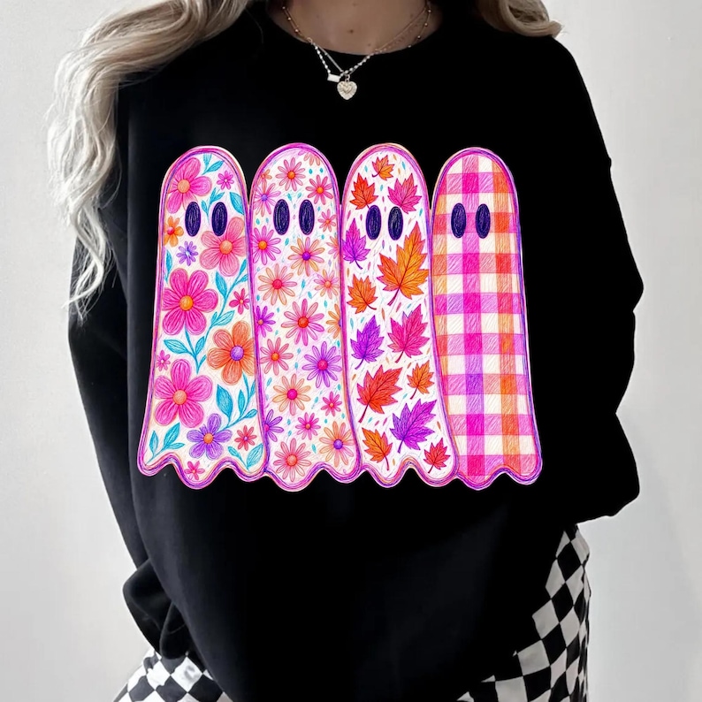 Image of Halloween Ghost PNG, Retro Fall Ghost Sublimation, Floral Plaid Autumn Ghosts, Cute Spooky Season Digital Download
