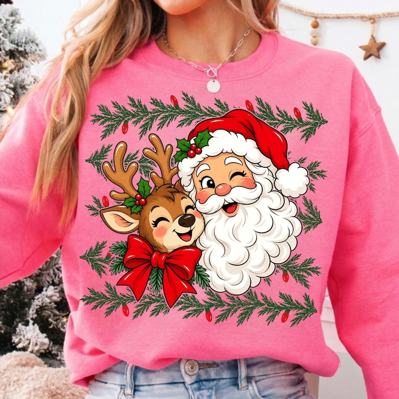Image of Santa and Reindeer PNG, Merry Christmas Sublimation Design, Hand Painted Holiday Shirt Graphic, Xmas Digital Download