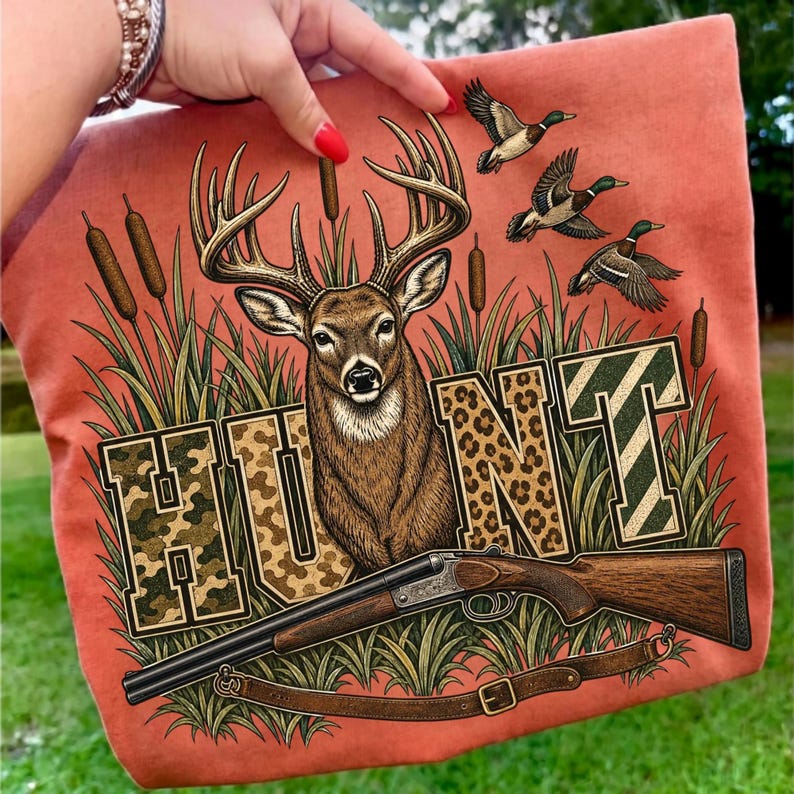 May include: A burnt orange t-shirt featuring a graphic print of a deer head with antlers, three flying ducks, and a shotgun. The word HUNT is printed in large block letters with camouflage and leopard print patterns amidst cattails and grass.