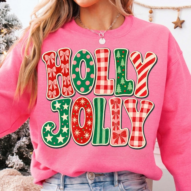 Image of Holly Jolly Christmas PNG, Preppy Christmas Sublimation, Girly Xmas Design, Retro Holiday Digital Download